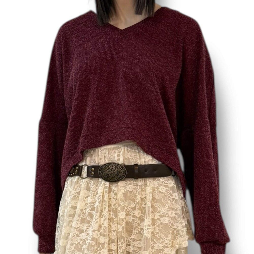 Oversized Burgundy V Neck Fuzzy Knit Sweater Band of Gypsies NWT